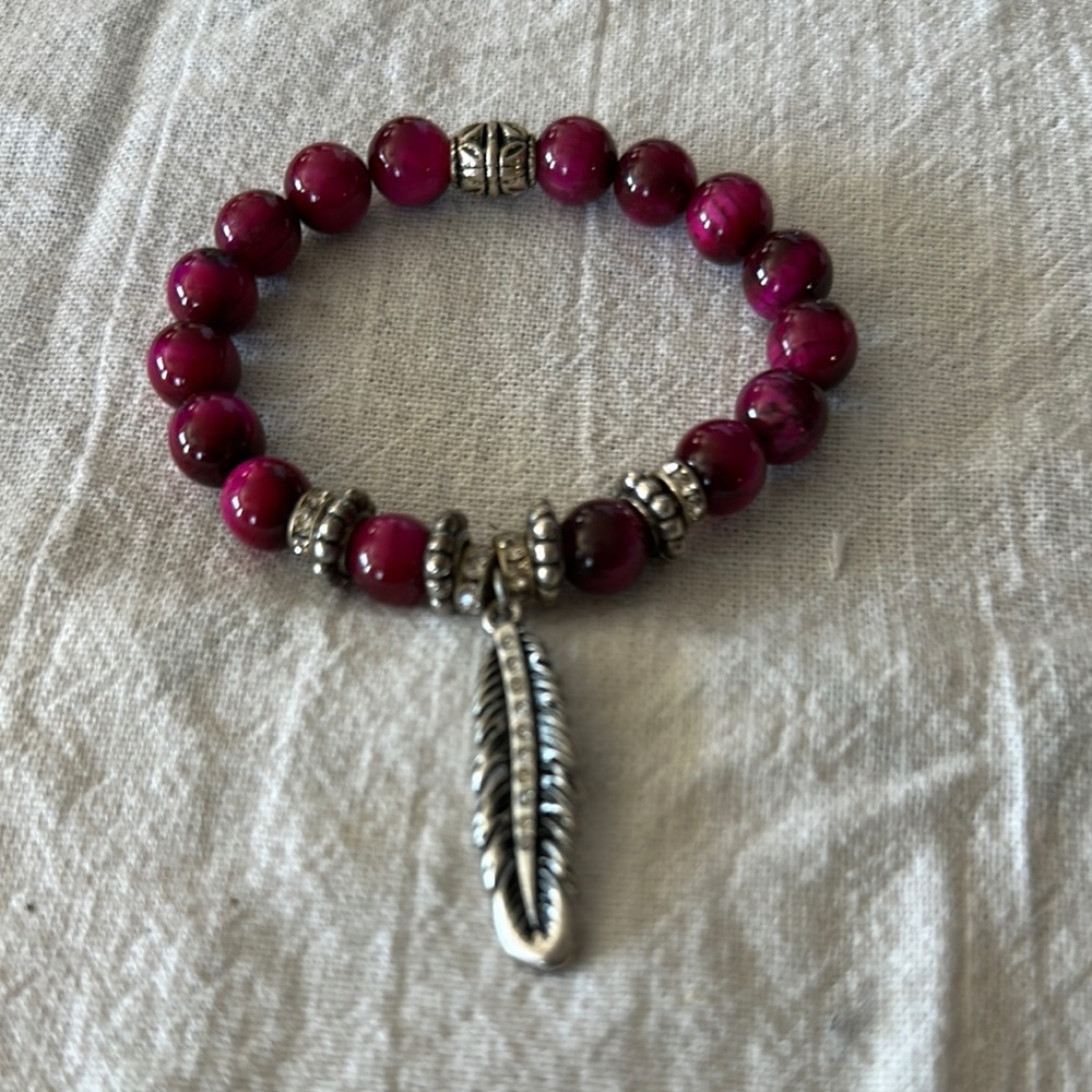 Red jasper  beads stretch Bracelet with Feather Charm